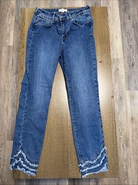 CHARLIE B Mid Blue Cropped Jeans with Layered Frayed Hem